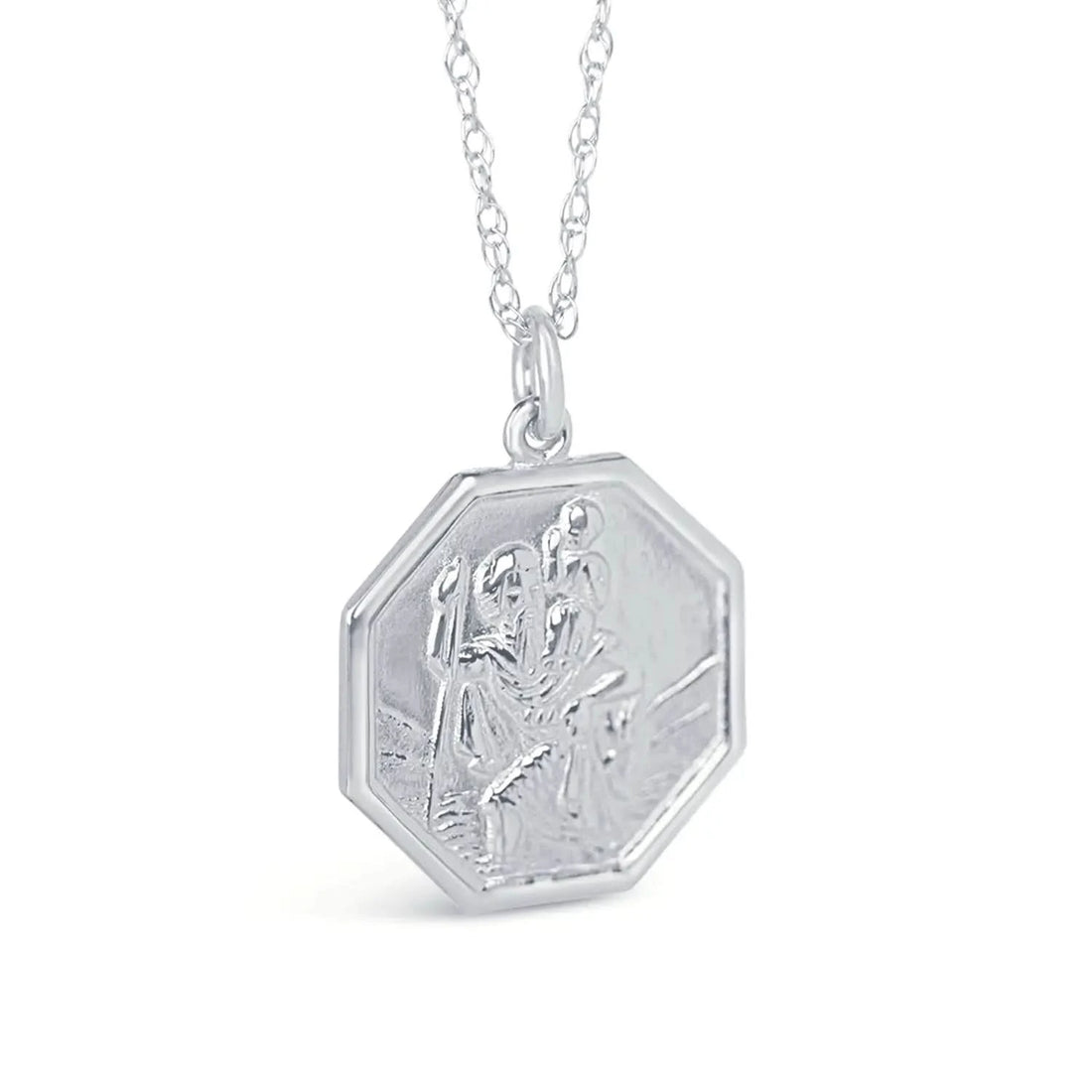 Side of view of a Men's large St Christopher necklace in white gold with an engraved pendant, displayed on a chain on a white background