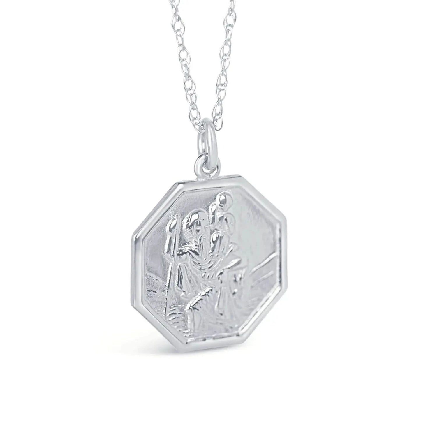Men's Large St Christopher Necklace White Gold + Engraving