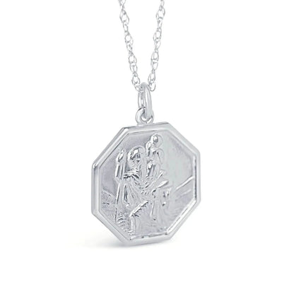 Men's Large St Christopher Necklace White Gold + Engraving