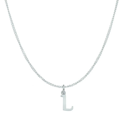 white gold necklace with a 'L' pendant on a white background