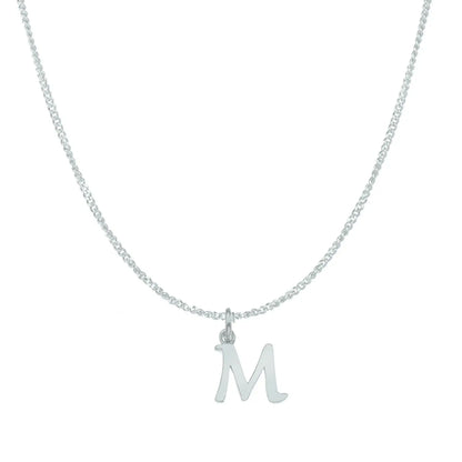 white gold necklace with a 'M' pendant on a white background