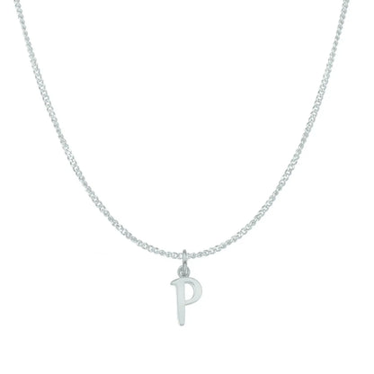 white gold necklace with a 'P' pendant on a white background