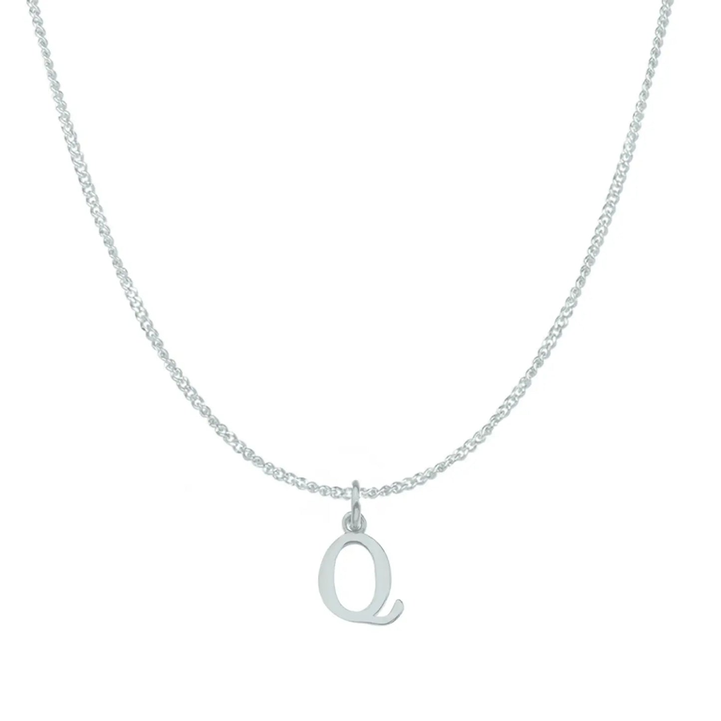 white gold necklace with a 'Q' pendant on a white background