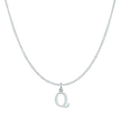 white gold necklace with a 'Q' pendant on a white background