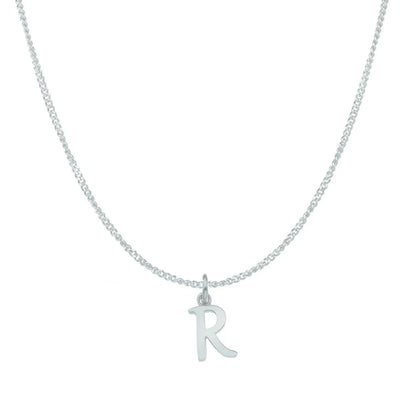 white gold necklace with a 'R' pendant on a white background