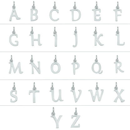 white gold letter pendants arranged in a grid on a white background