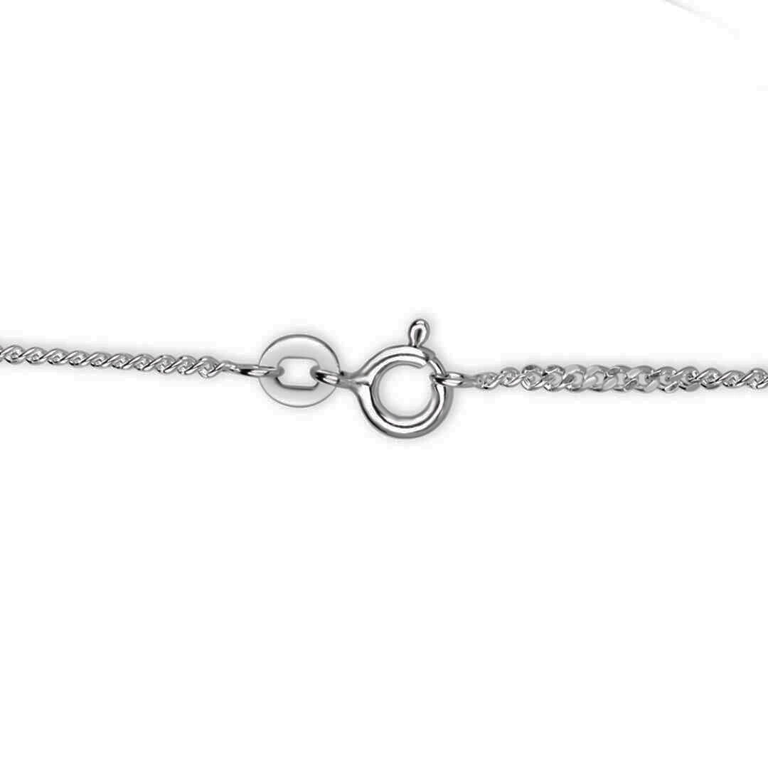 Close-up of white gold vermeil curb chain necklace with spring ring clasp and extension link on white background.