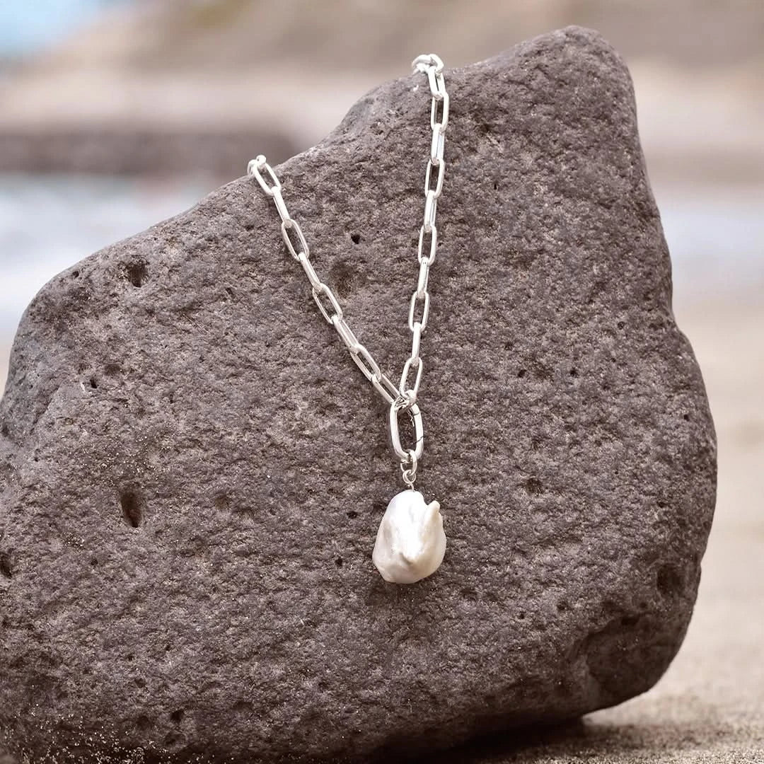 White Baroque Pearl Paperclip Necklace in Silver