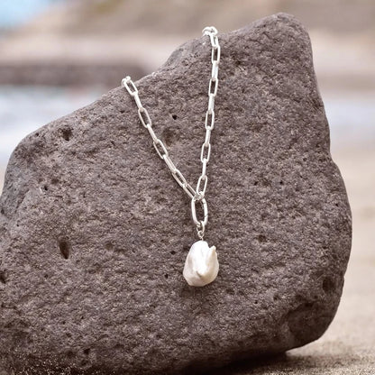 White Baroque Pearl Paperclip Necklace in Silver