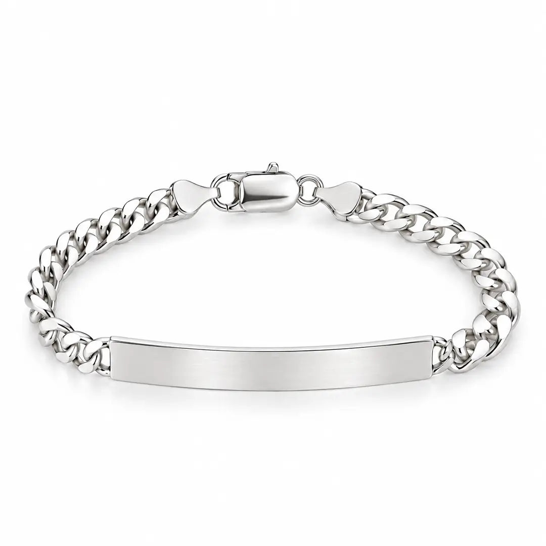 Women’s solid sterling silver ID bracelet with polished curb links and lobster clasp, front product view