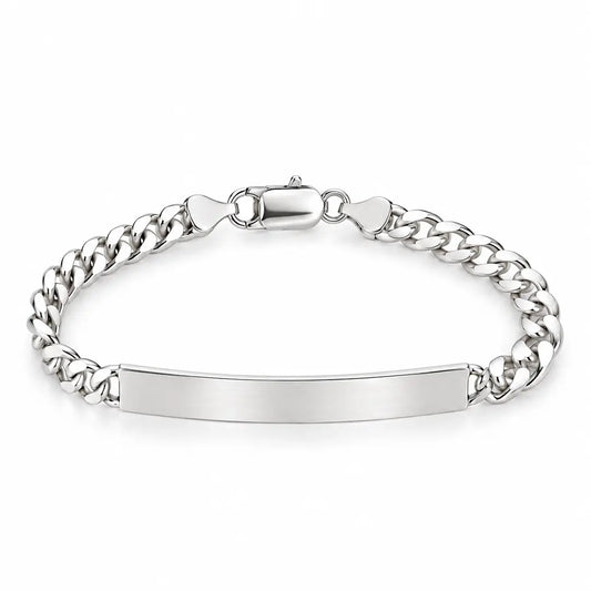 Women’s solid sterling silver ID bracelet with polished curb links and lobster clasp, front product view