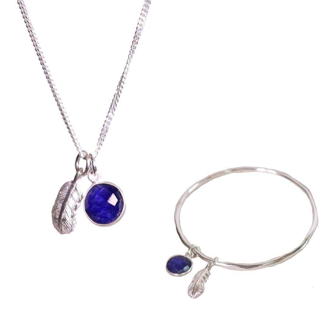 Lily Blanche silver bangle with real sapphire and feather charm and necklace set