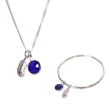 Lily Blanche silver bangle with real sapphire and feather charm and necklace set