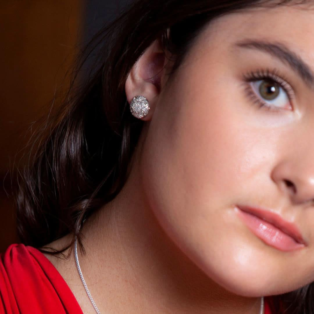 model wearing memory keeper earrings on a white background