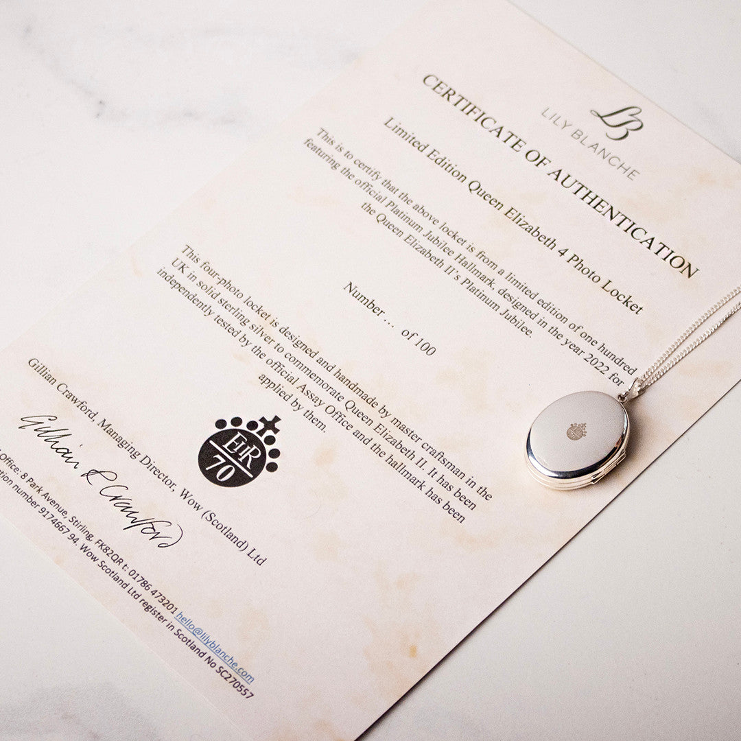 certificate of authentication for the Queen Elizabeth four photo heart locket