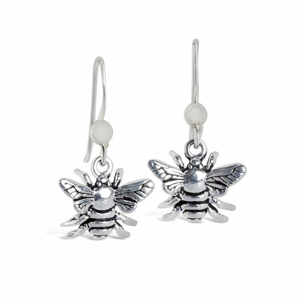 bee earrings in silver on a white background