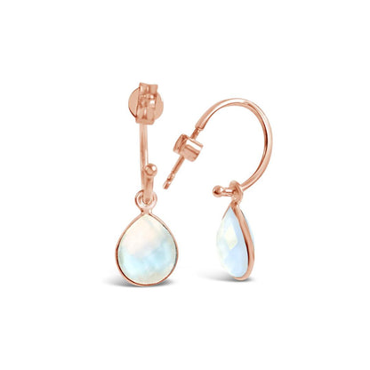moonstone drop hoop earrings in rose gold on a white background
