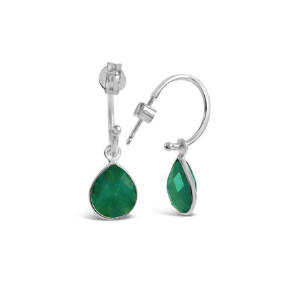 emerald drop hoop earrings in silver on a white background