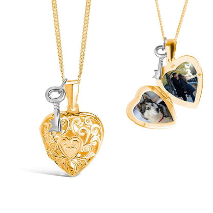 key locket in gold with opened and closed view and silver key charm attached