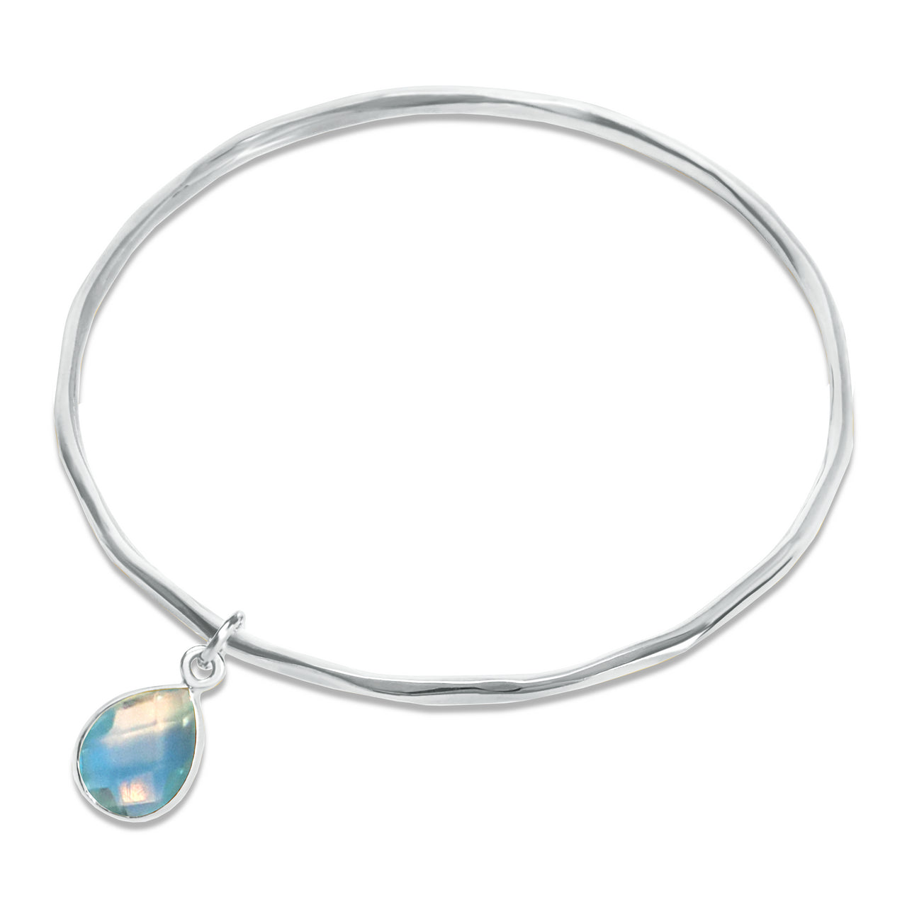 blue topaz charm bangle in silver on a white background