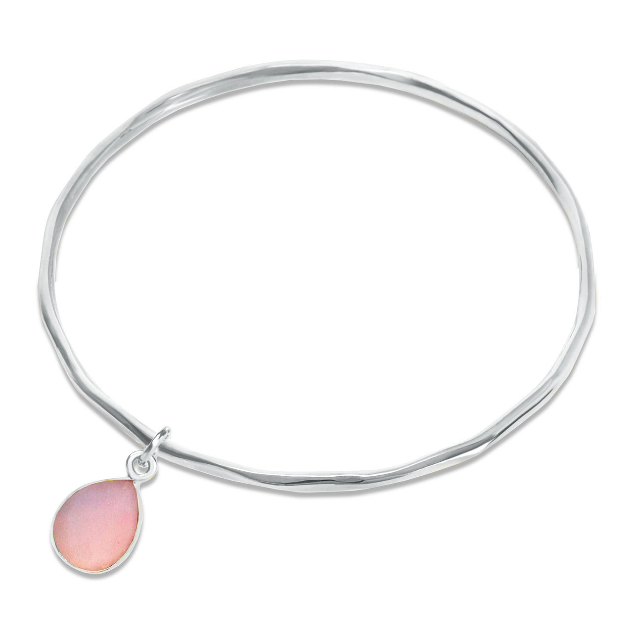 pink opal charm bangle in silver on a white background
