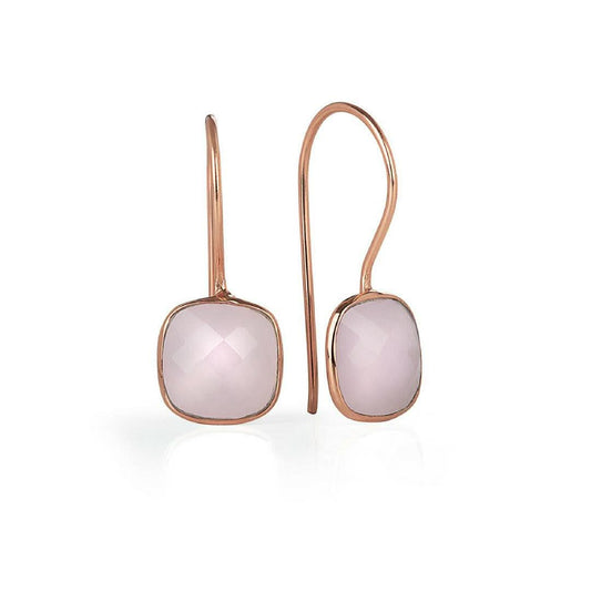 rose quartz earrings in rose gold on a white background