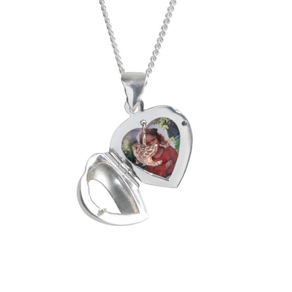 Lily Blanche sterling silver heart locket with gold bird inside with one photo