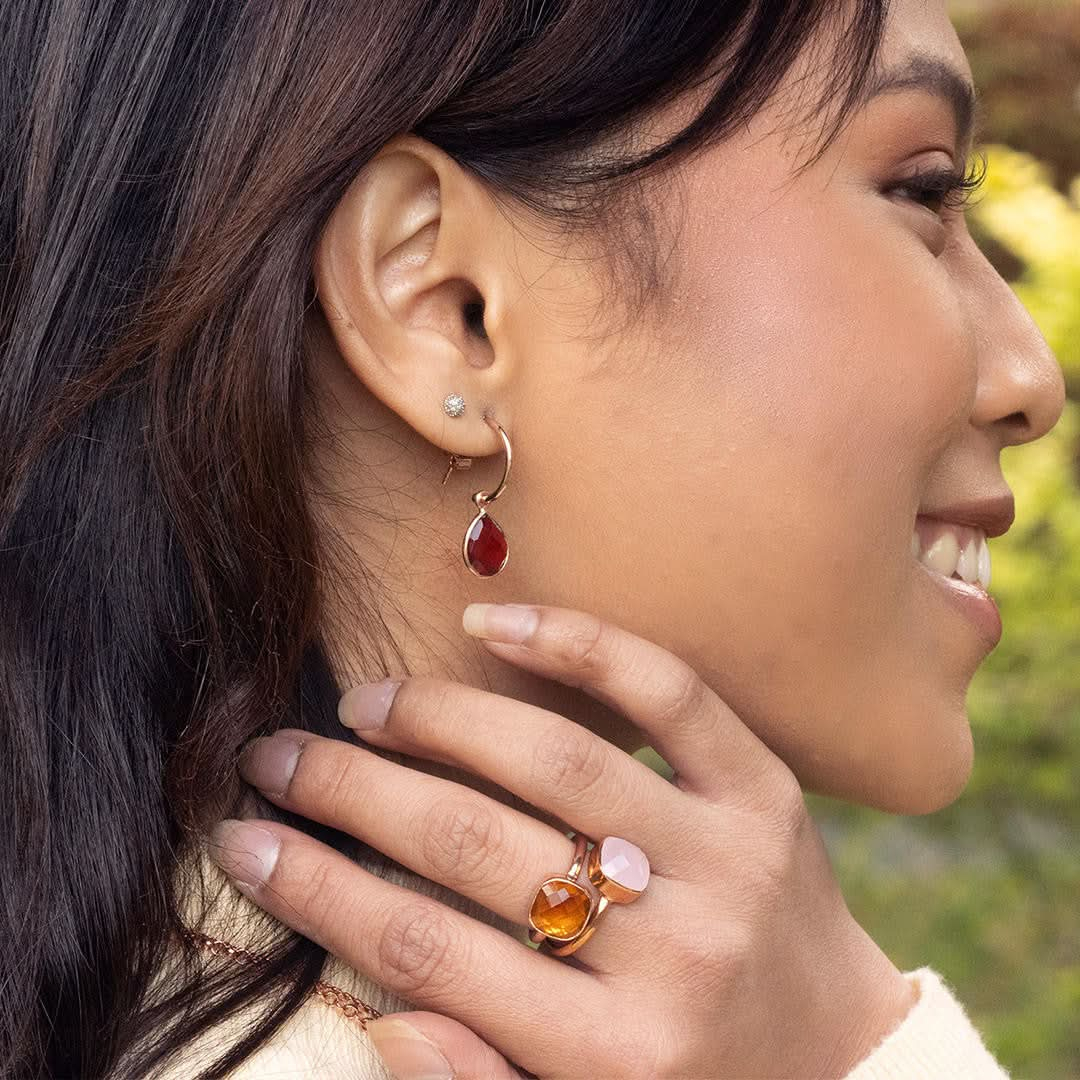 model wearing citrine cocktail ring in rose gold