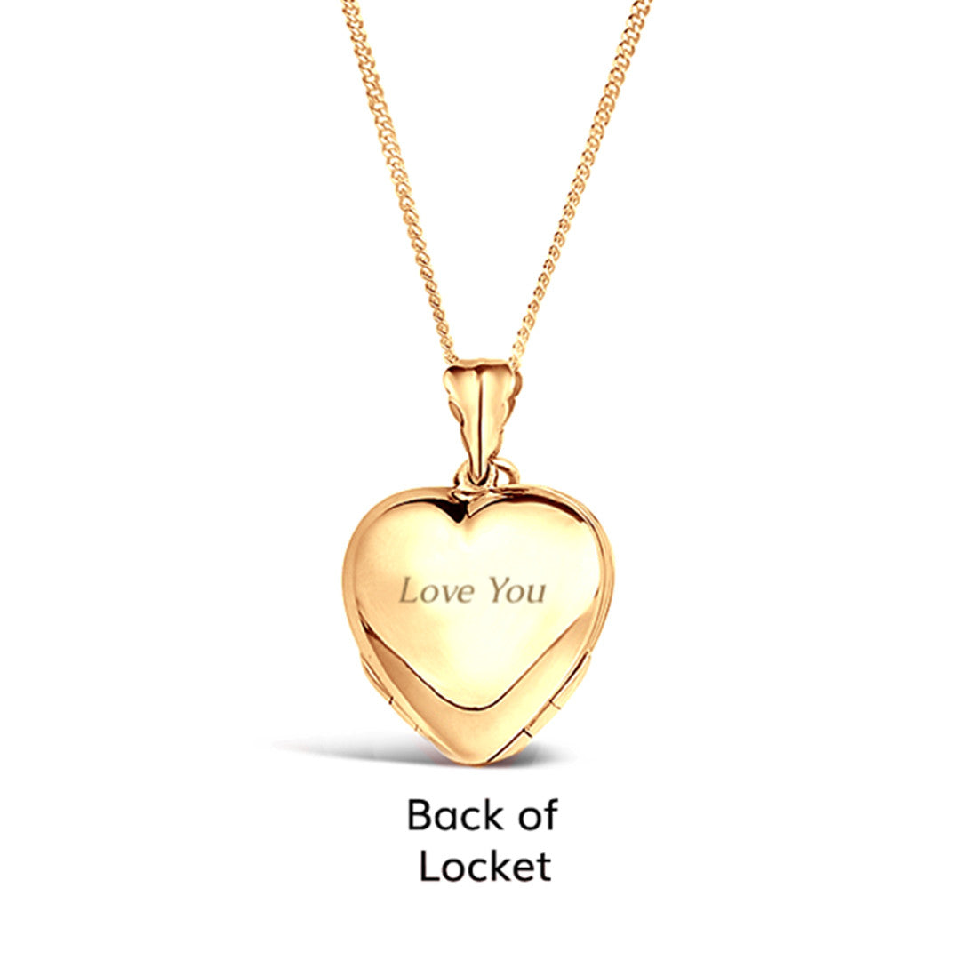 back of four photo heart locket in gold engraved with I love you