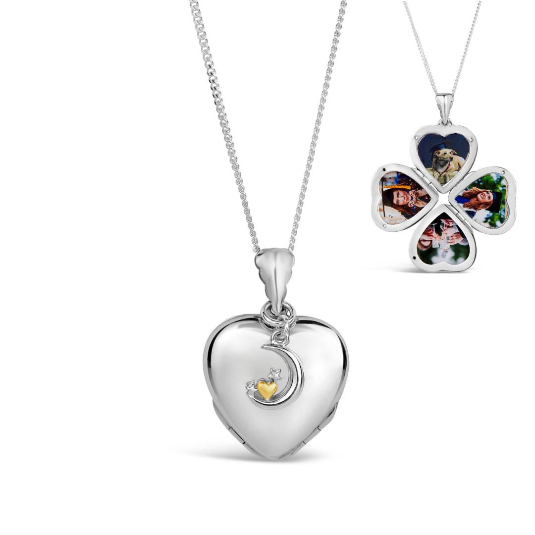 Lily Blanche white gold heart shaped locket with moon charm and four photos