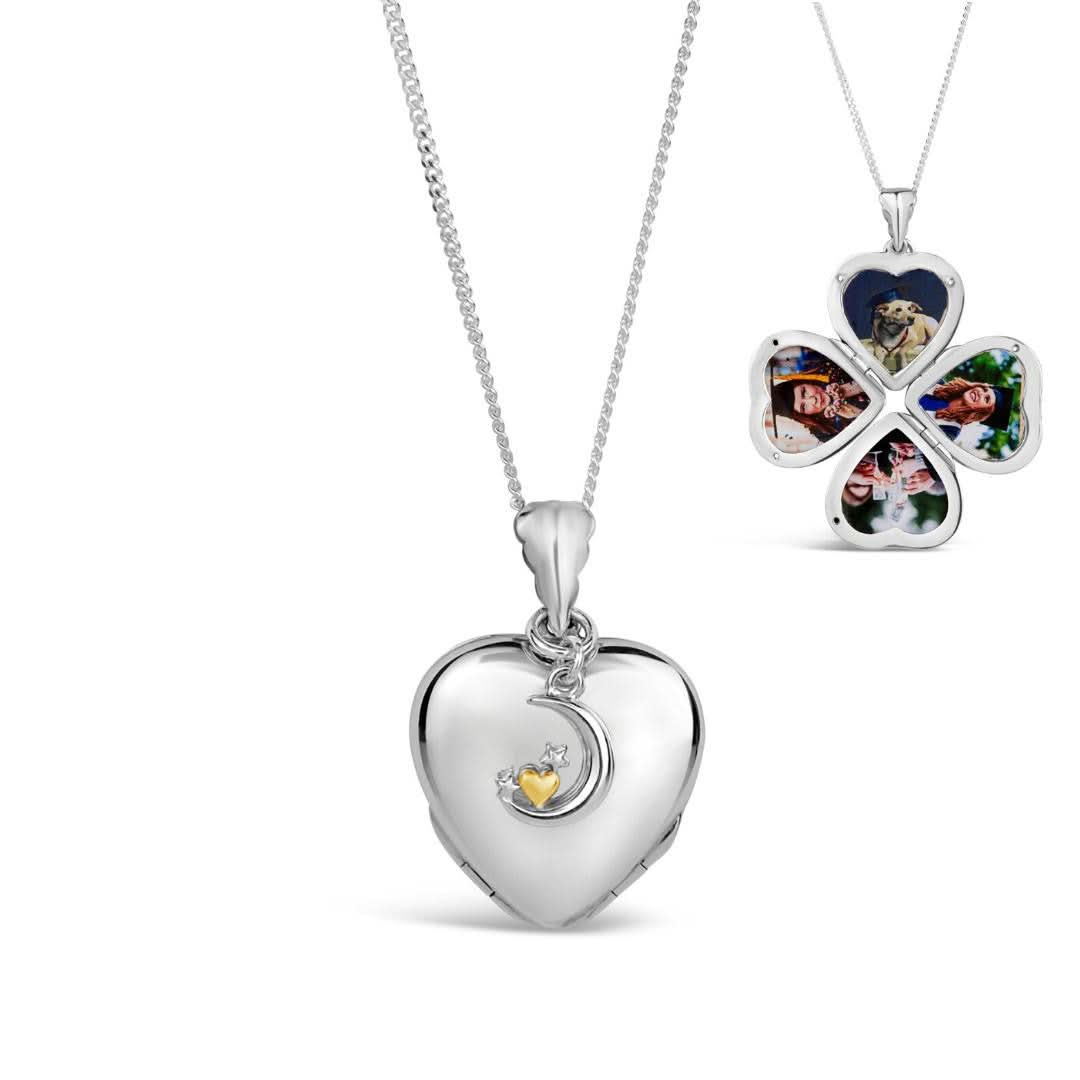 Lily Blanche white gold heart shaped locket with moon charm and four photos