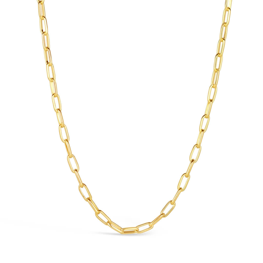 paperclip chain necklace in gold on a wite background