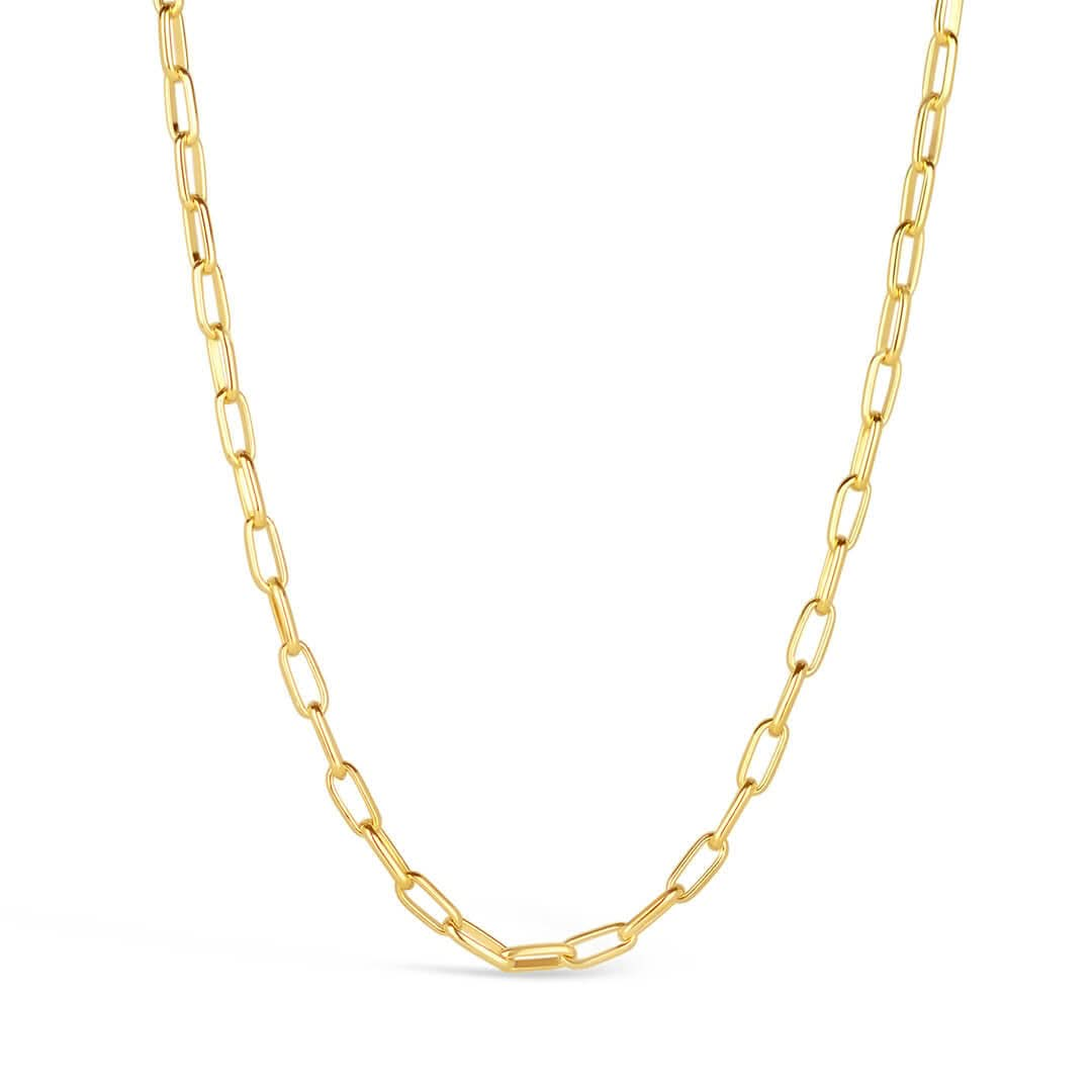 paperclip chain necklace in gold on a wite background