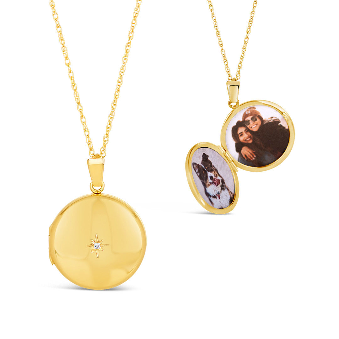 diamond round locket in gold with inside and outside view of locket