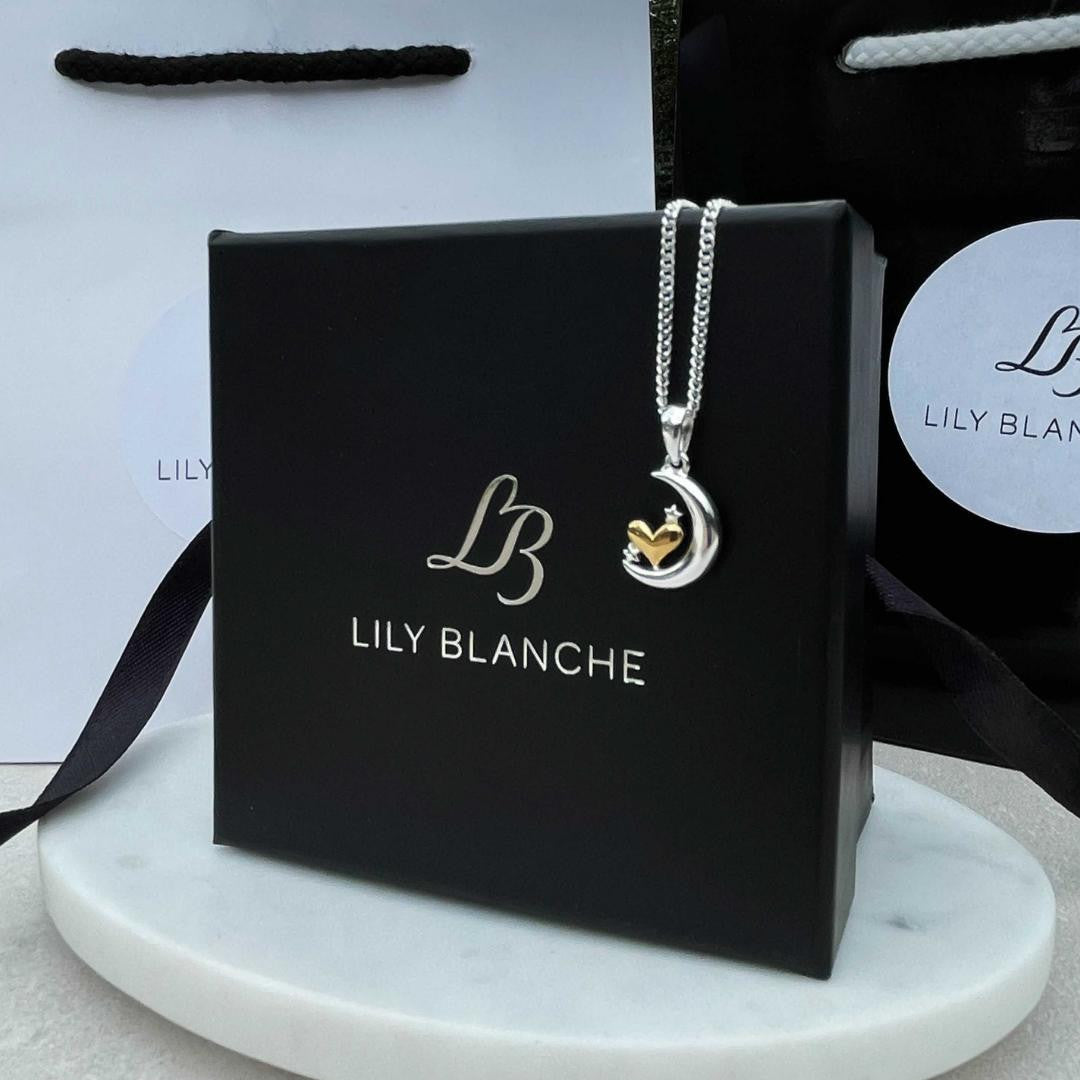 Lily Blanche packaging being displayed next to crescent moon and stars charm necklace 