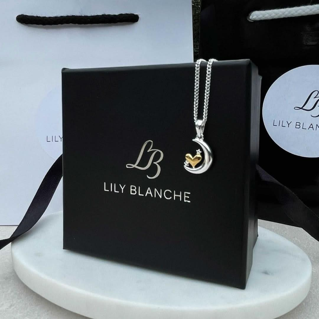 Lily Blanche packaging being displayed next to crescent moon and stars charm necklace