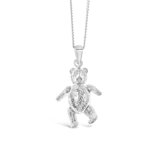 Large sterling silver fully jointed teddy bear pendant fully jointed on silver curb chain
