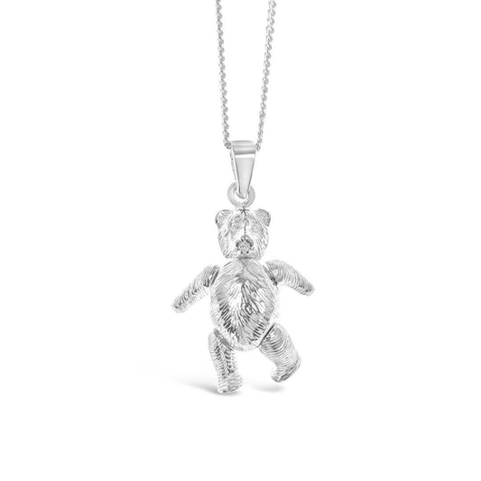 Large sterling silver fully jointed teddy bear pendant fully jointed on silver curb chain