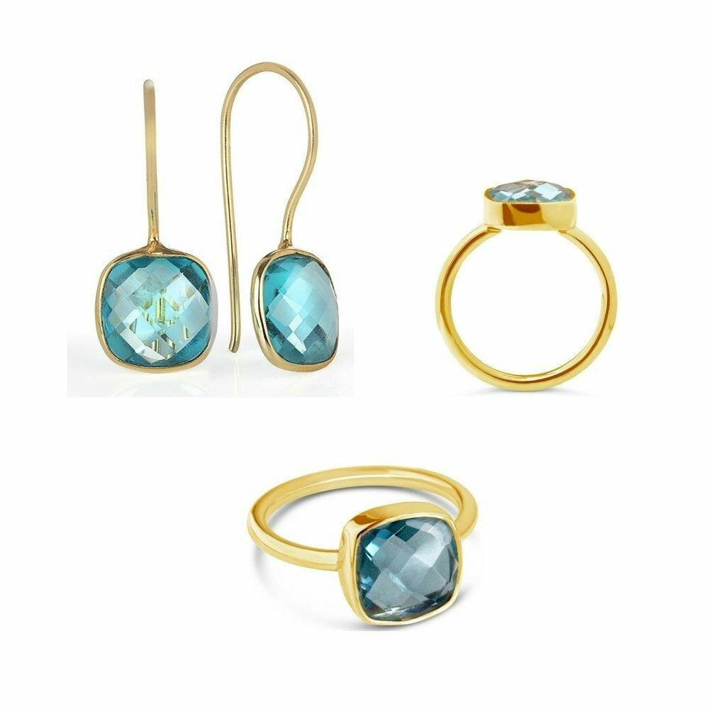 blue topaz earrings, cocktail ring in gold on a white background