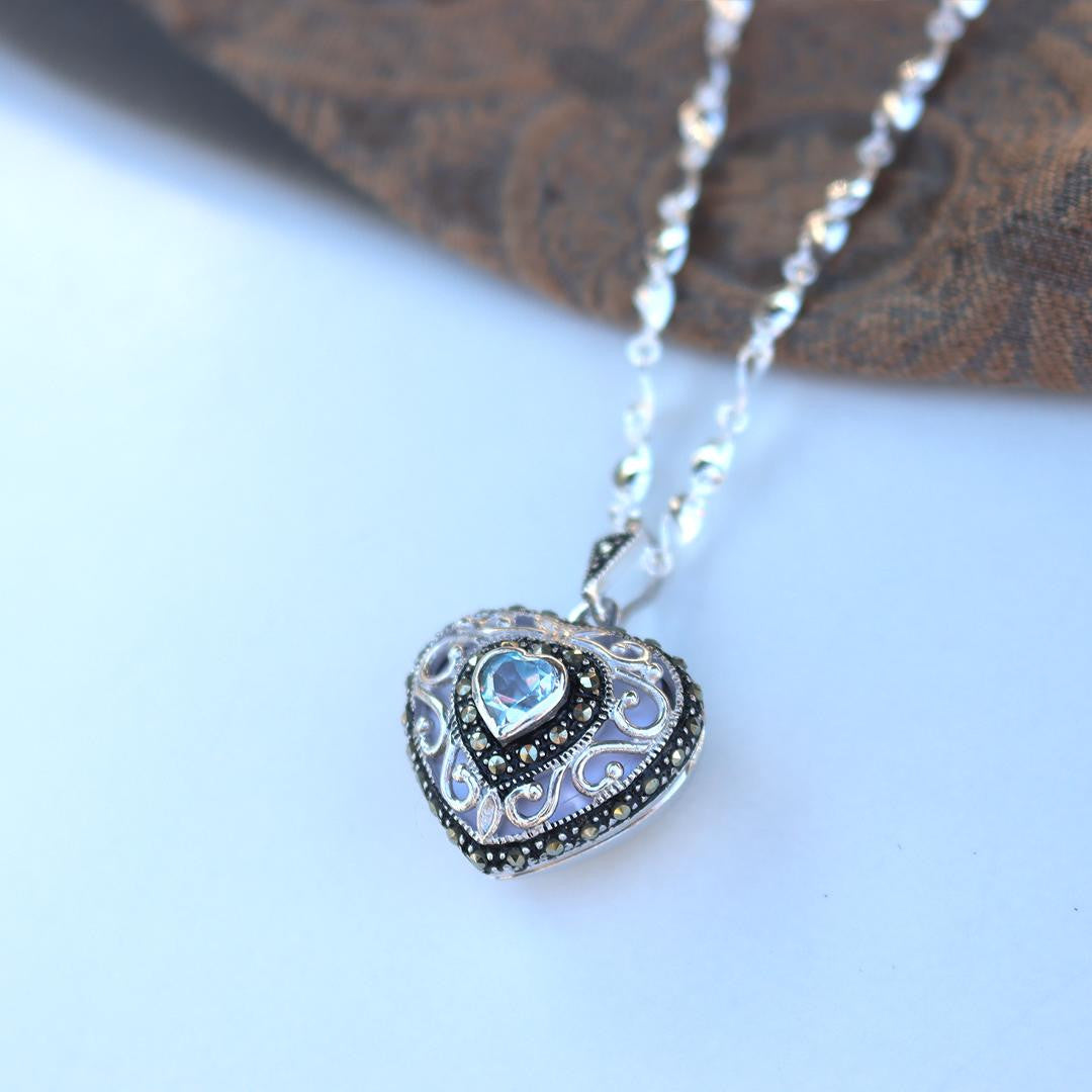 Lily Blanche white gold vintage heart locket with topaz gemstone