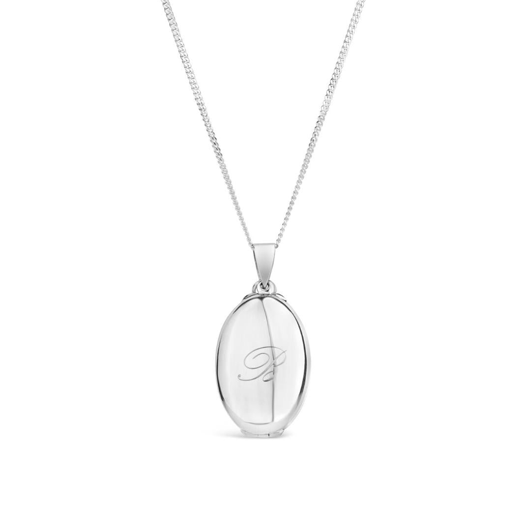 Lily Blanche white gold oval shaped locket with engraved message
