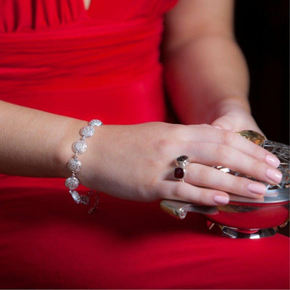 close up of women modelling silver memory keeper bracelet