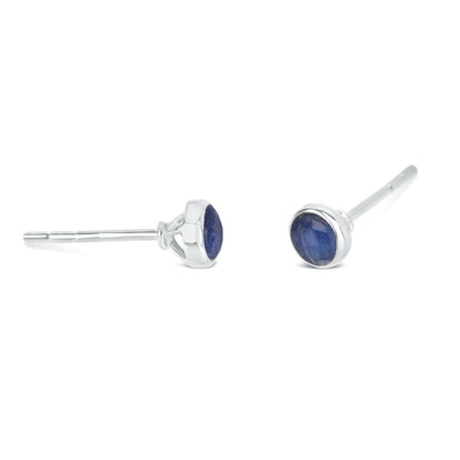 Lily Blanche silver mini stud gemstone sapphire earrings showing a side on view of the pair