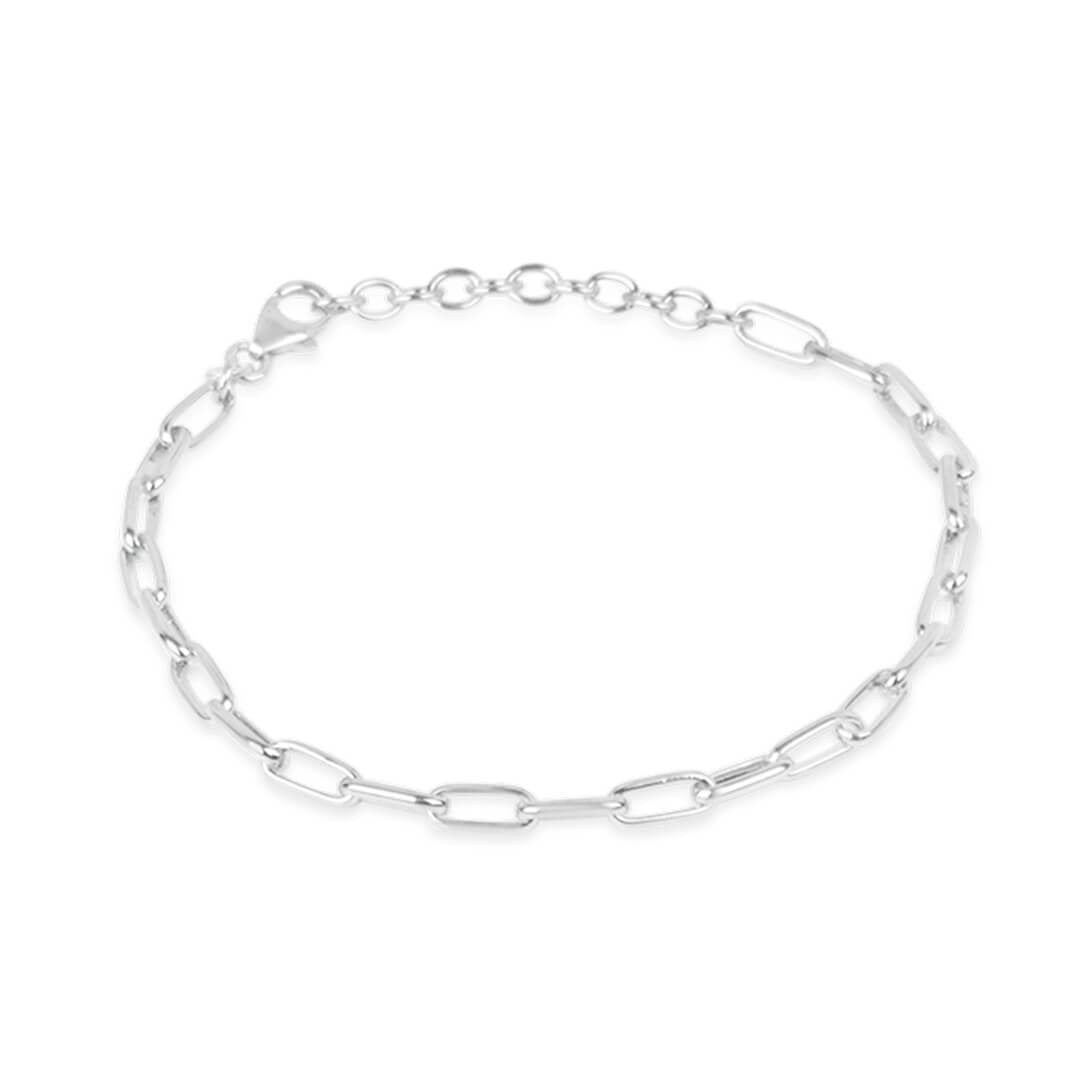 paperclip chain bracelet in silver on a white background