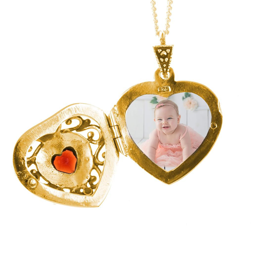Lily Blanche gold vintage heart locket with garnet gemstone and photo