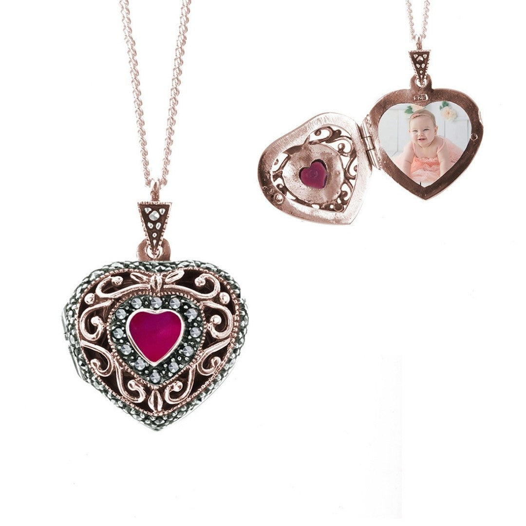 ruby vintage heart locket in rose gold with photo inside