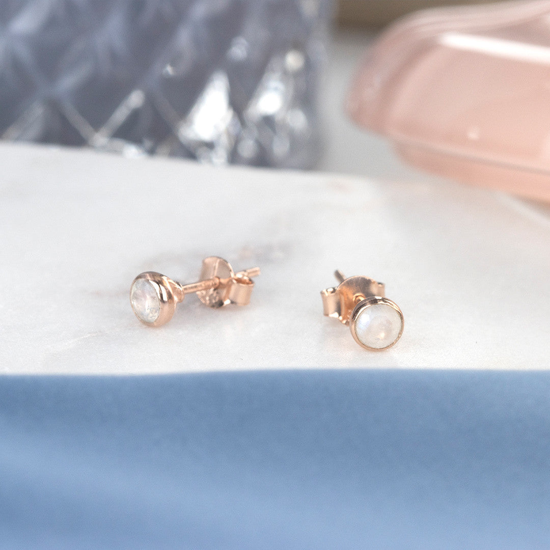Lily Blanche rose gold mini stud earrings with moonstone gemstone
