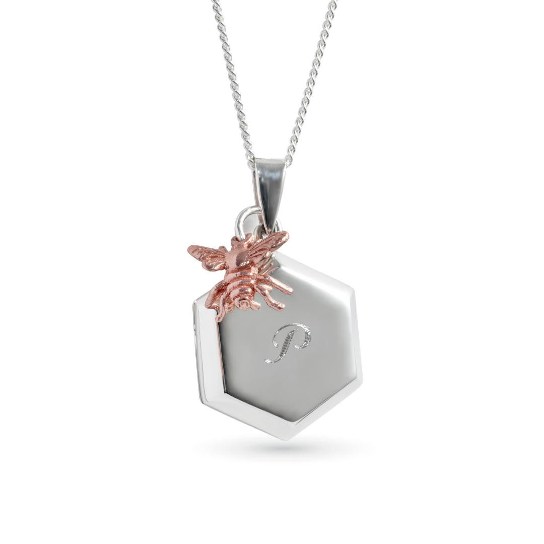 bee locket in silver with rose gold bee charm engraved with message