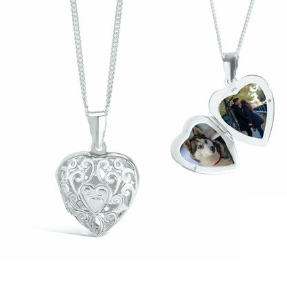 heart locket necklace in white gold on a white background