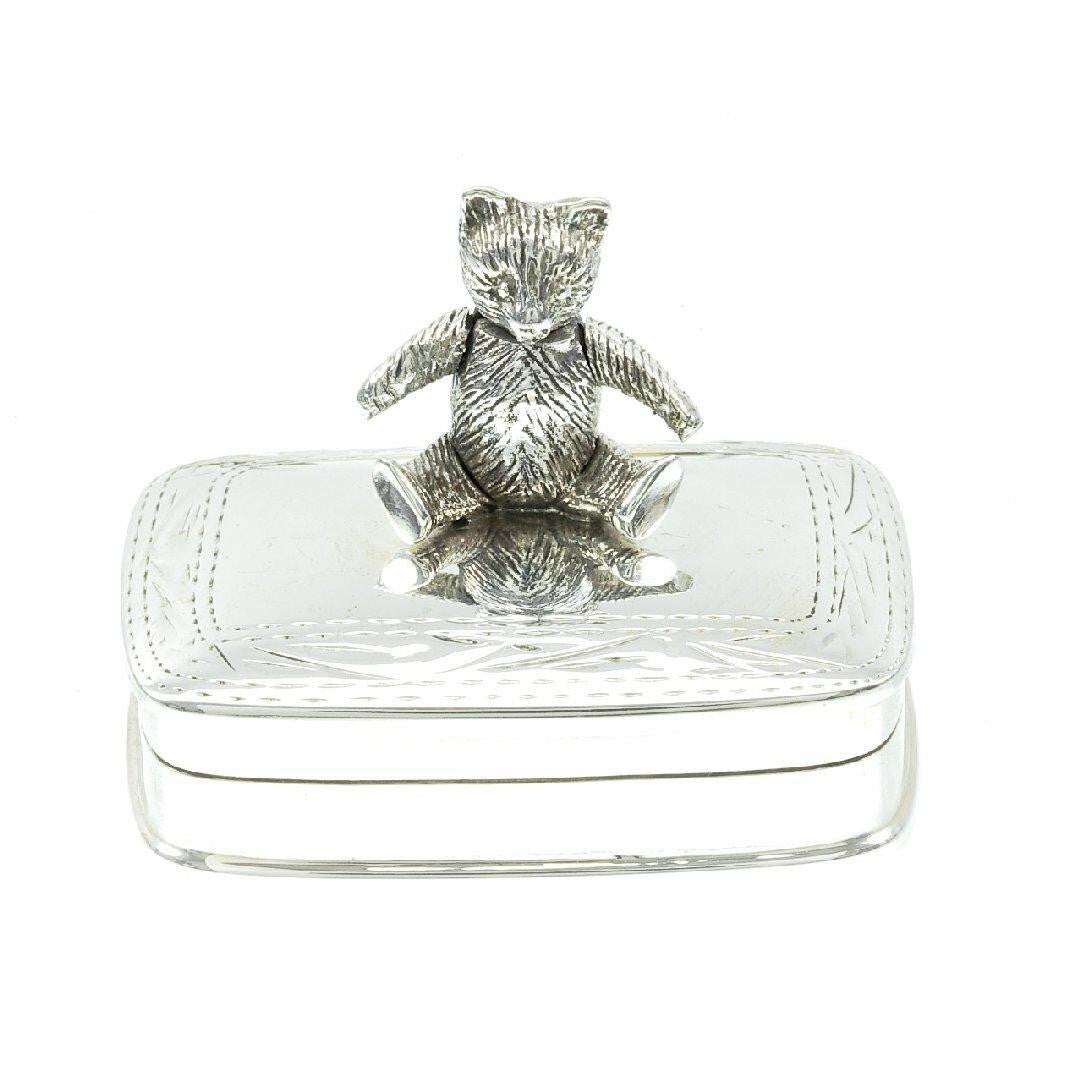 Sterling silver keepsake box with jointed silver teddy decoration on top